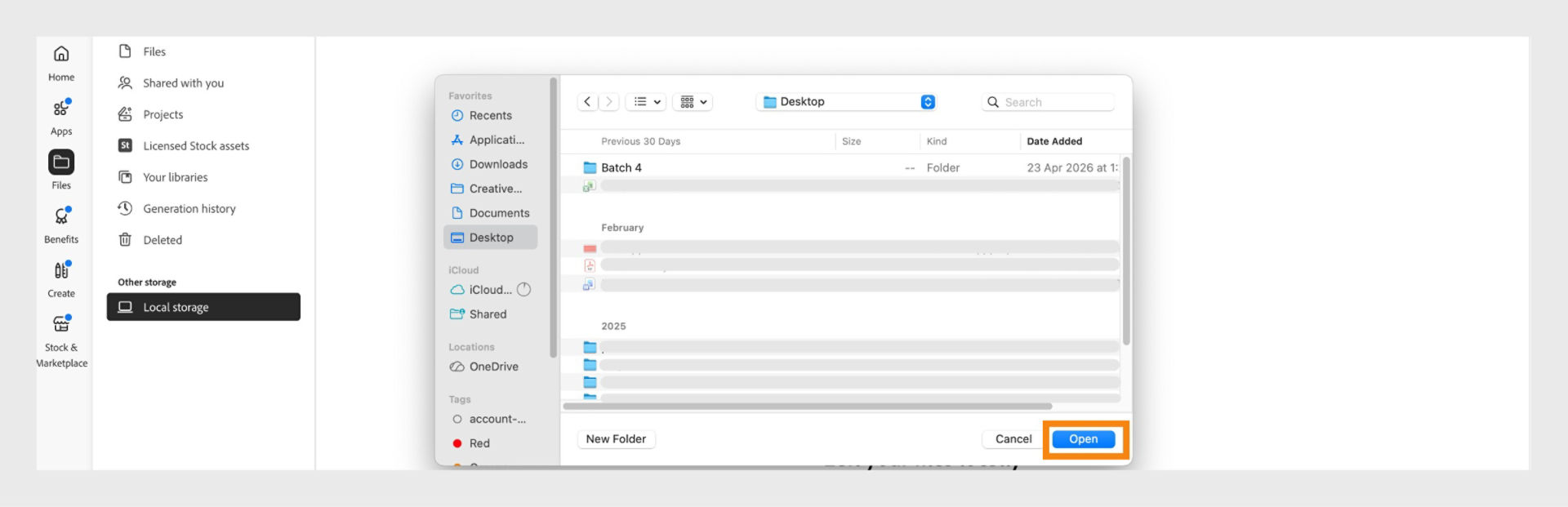 File picker window showing a folder being selected before adding it to Local storage in the Creative Cloud desktop app.