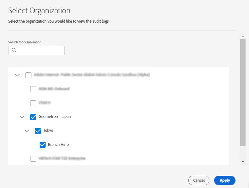 Select the organization dialog box where you can select organizations to filter the audit logs.