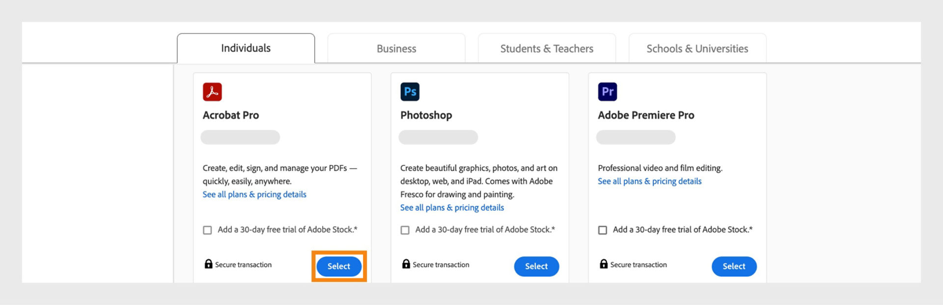 The Creative Cloud plans page showing all the plans to buy, and the tabs to switch between Individual, Businessn, Students and Teachers, and Students and Universities plans. 