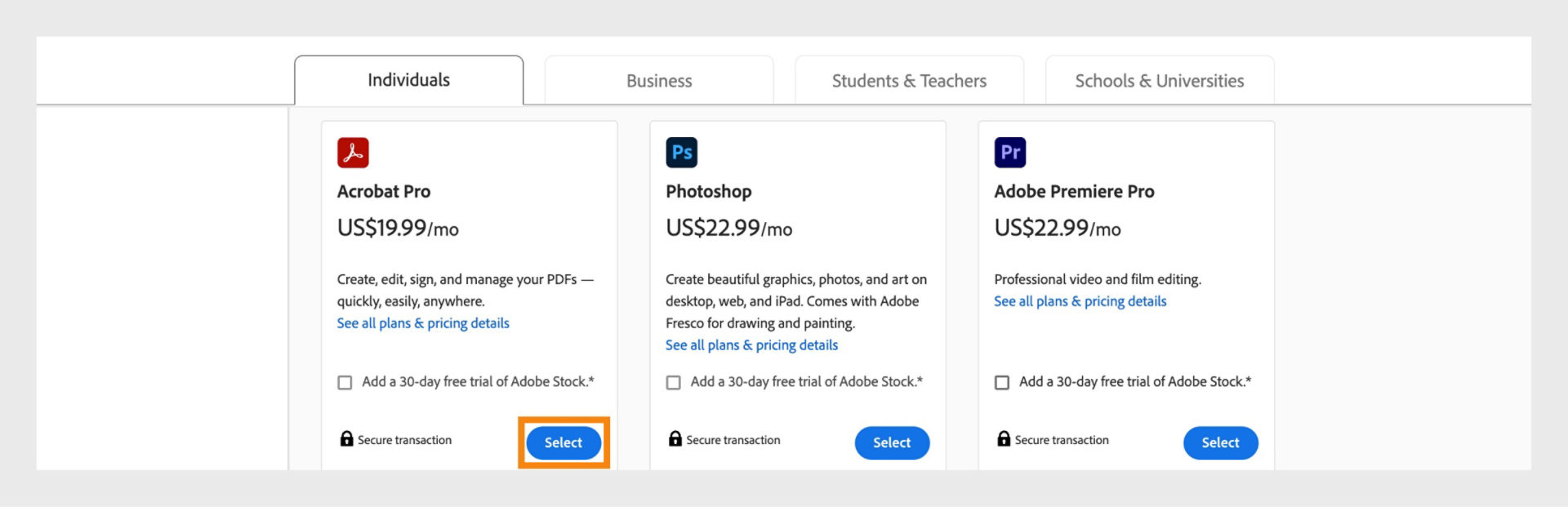 The Creative Cloud plans page showing all the plans to buy, and the tabs to switch between Individual, Businessn, Students and Teachers, and Students and Universities plans. 