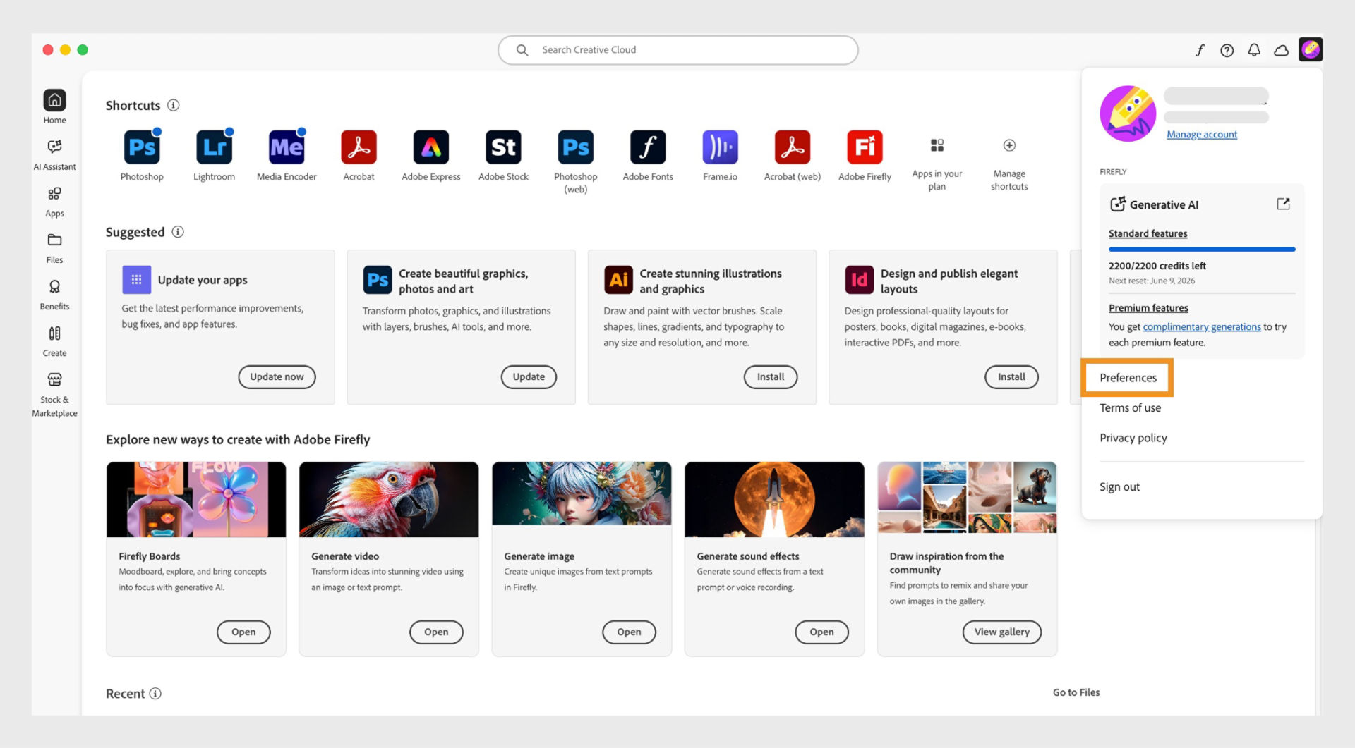 The Account drop-down shows options such as Preferences, Sign out, and Adobe Account. 