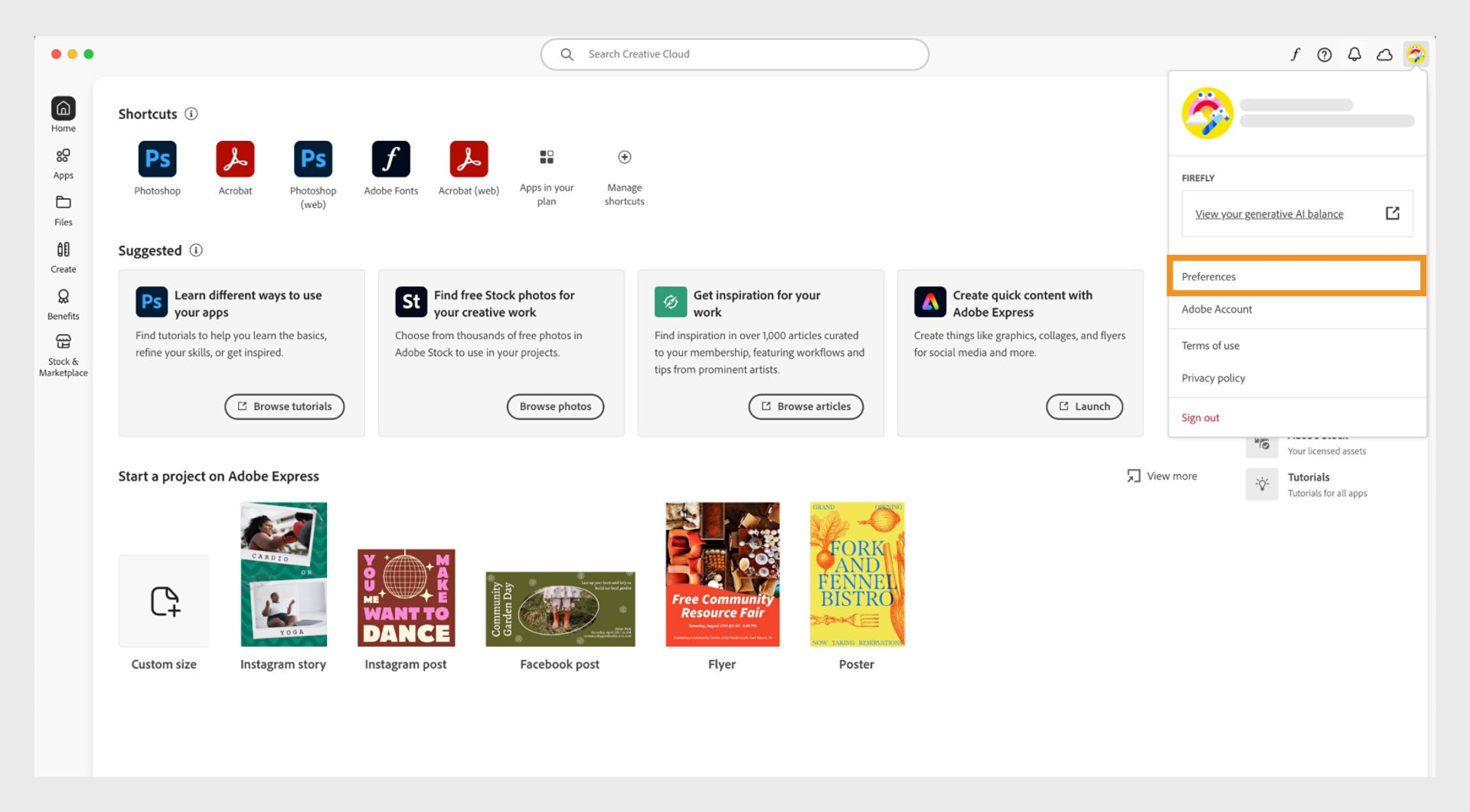The Account drop-down shows options such as Preferences, Sign out, and Adobe Account. 