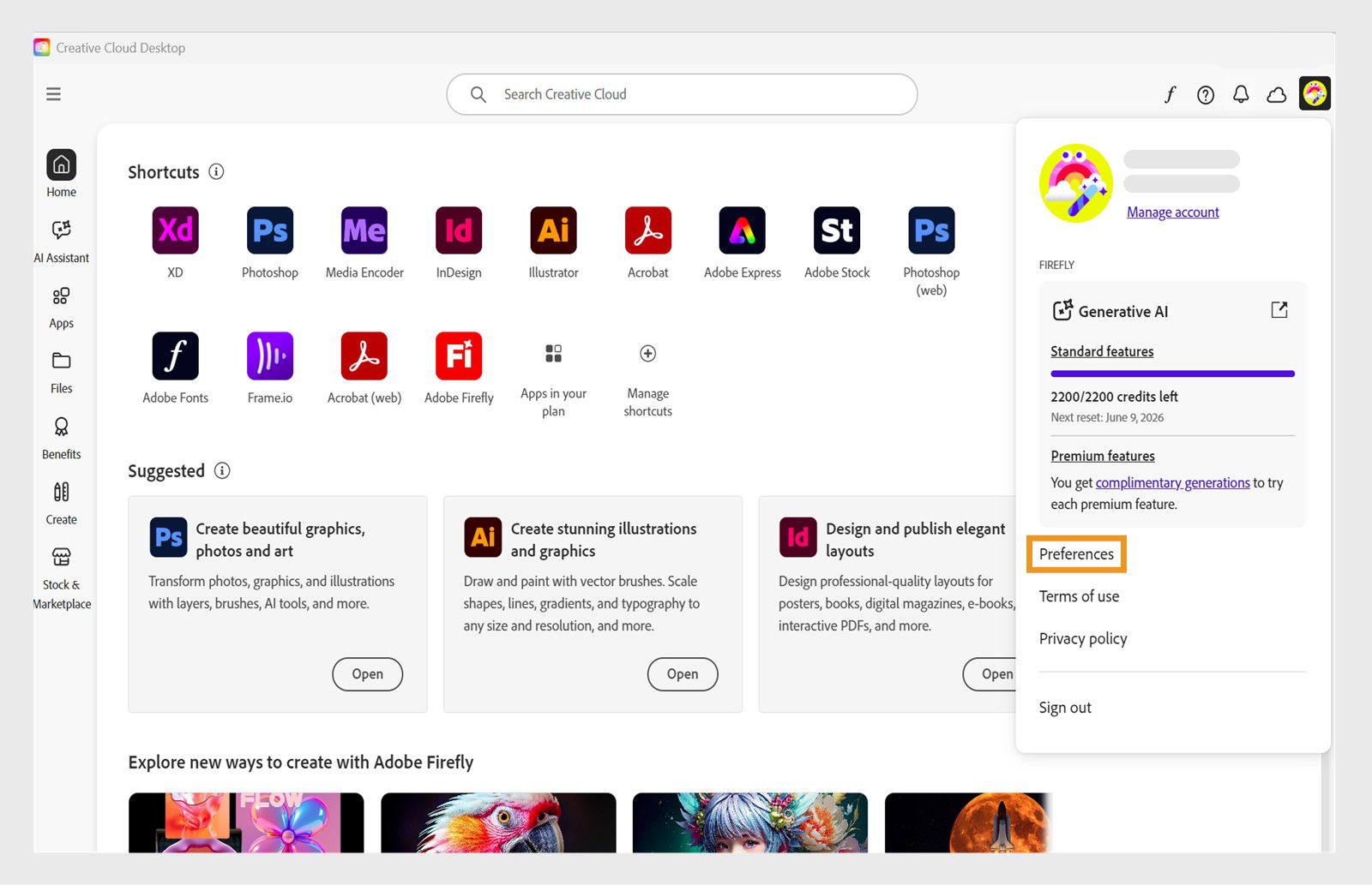 The Account drop-down shows options such as Preferences, Sign out, and Adobe Account. 