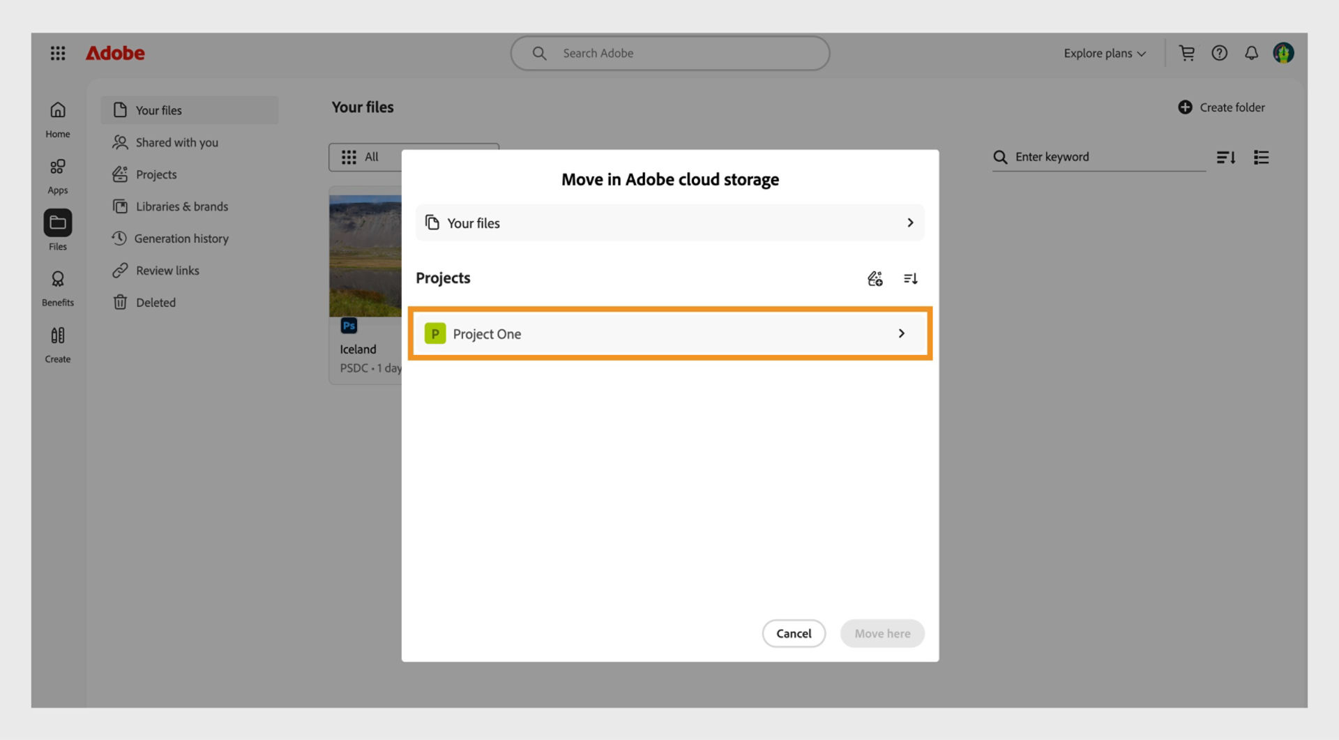 “Move in Adobe cloud storage” folder showing a list of project folders, with the folder ‘test-projects’ highlighted as the selected destination.