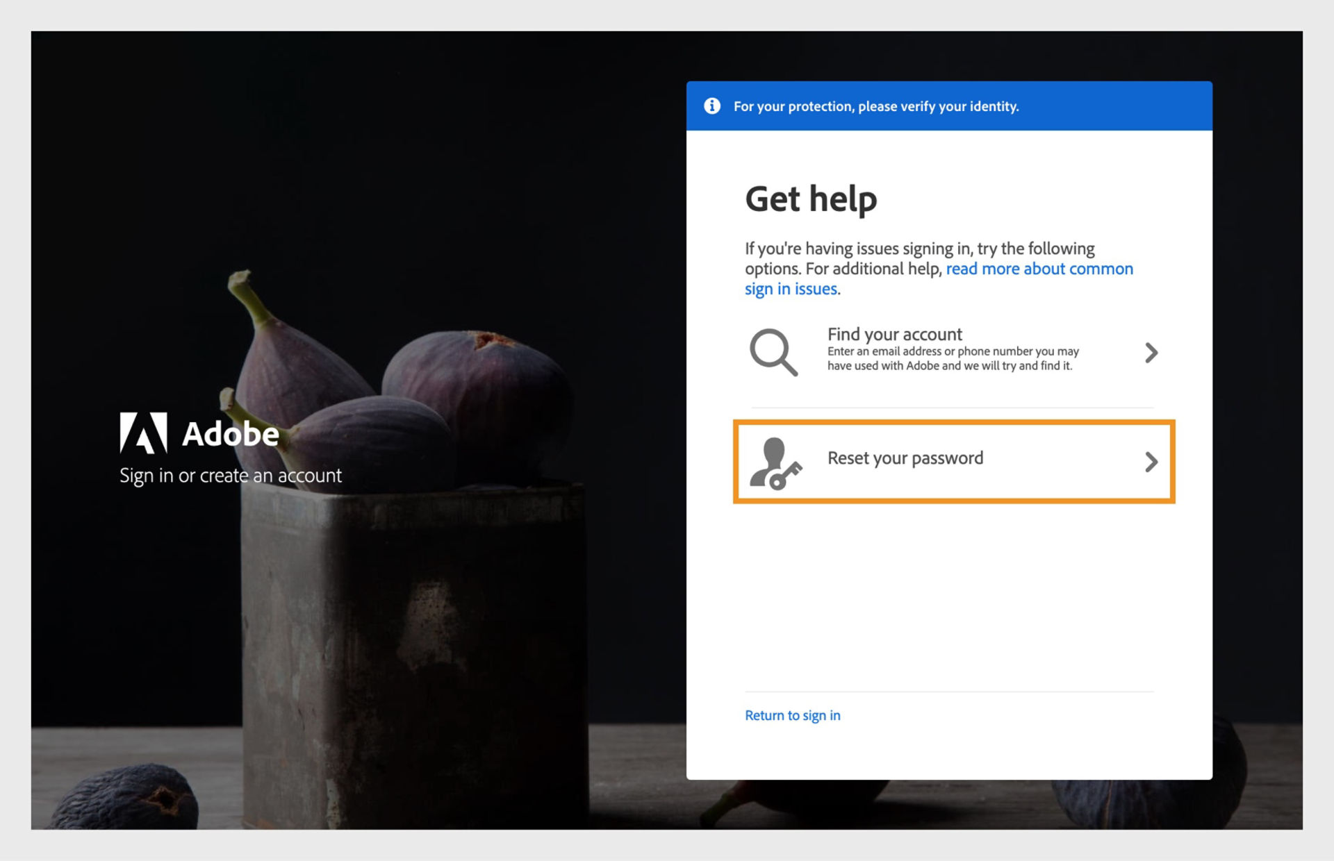 The Get help window showing options to find your account or rest your password. 