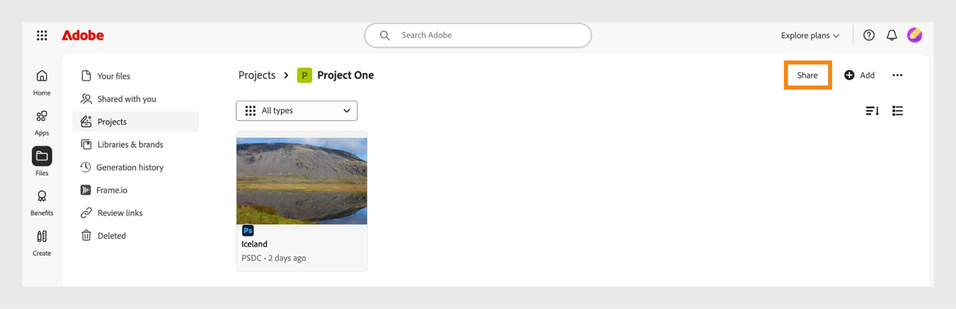 The Share button, available at the upper-right corner of the project screen, allows you to share your project with collaborators. 