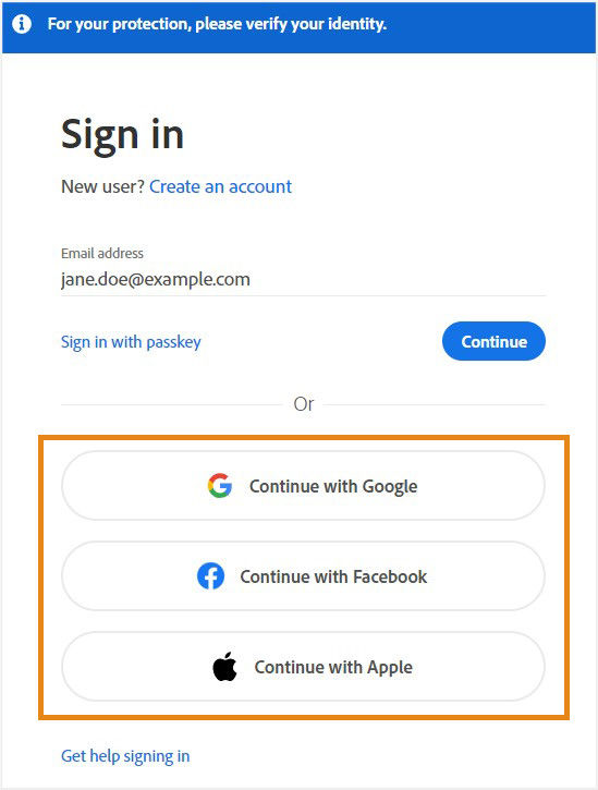 Sign in with your social account on the Adobe account sign-in page