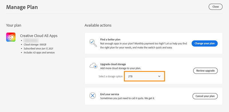 Screen showing the field to choose your storage quota.