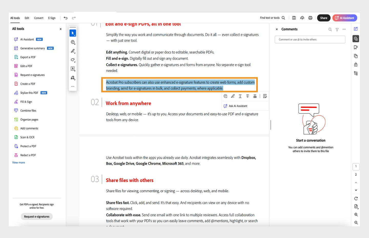 Select text with the selection tool and start typing.