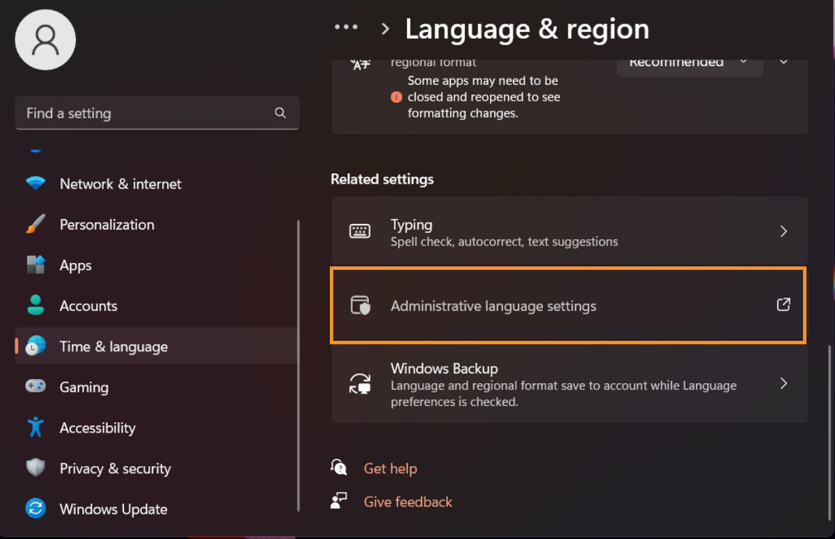 Select the Administrative language settings option.