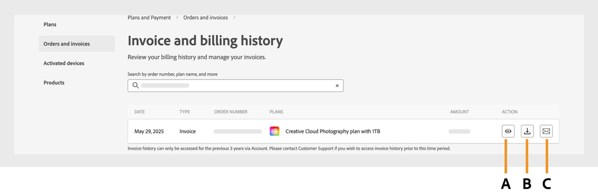 The Invoice and billing history page displays your invoices with options to view, download or receive them on email. 