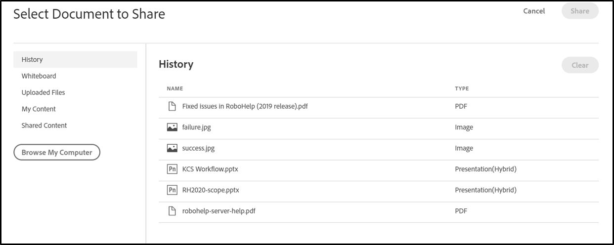 Options to share a document in the Share pod.