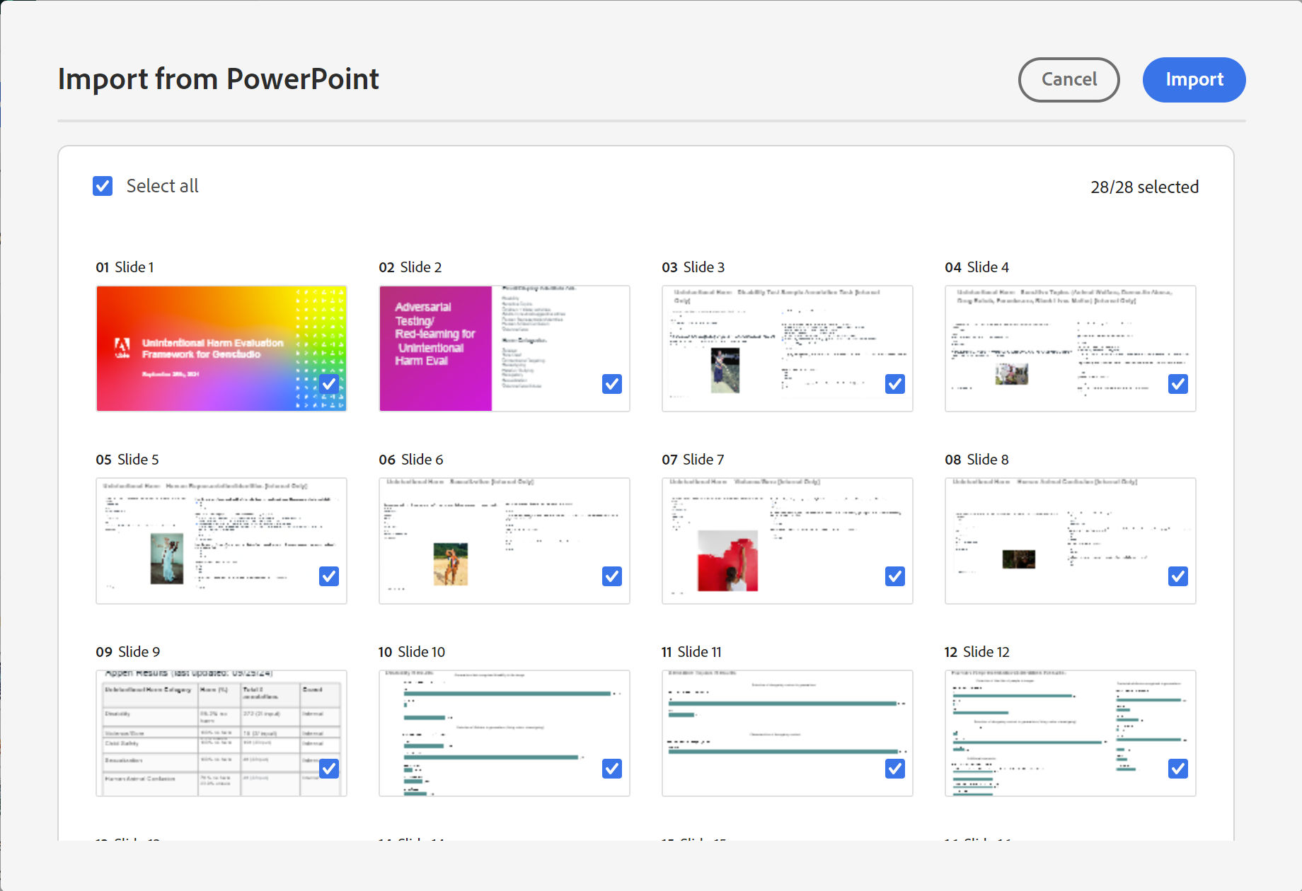Cuadro de diálogo Importar desde PowerPoint que muestra miniaturas de diapositivas con casillas de verificación a la izquierda y una vista previa de diapositiva a la derecha.