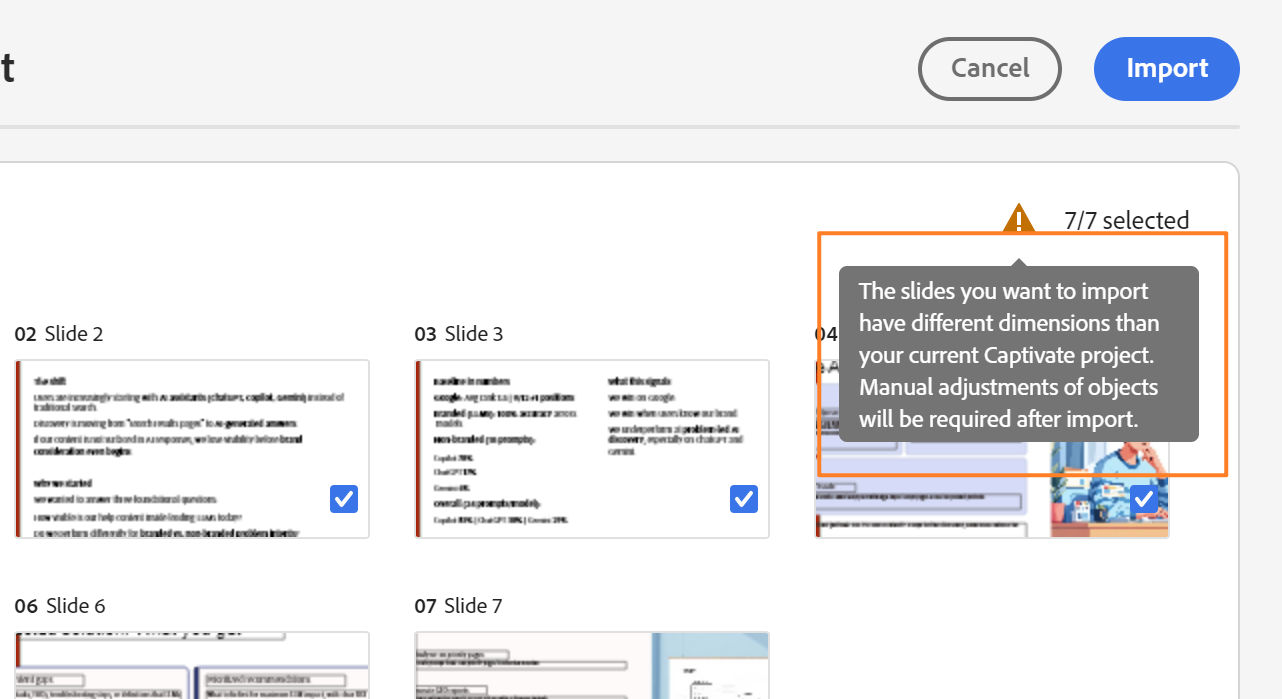Diálogo de importación de Captivate que muestra una advertencia de que las diapositivas de PowerPoint tienen dimensiones diferentes que las del proyecto actual.