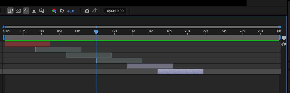 The Timeline panel displaying has multiple layers with varying durations. The image shows a 30-second timeline with selected layers are distributed at consistent time intervals.