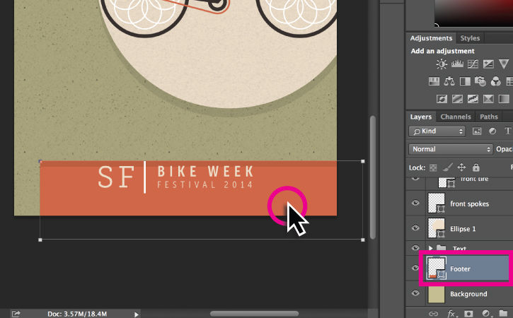 Orange rectangle at the bottom of Bike Week poster is selected, and the layer is highlighted in Layers panel. 