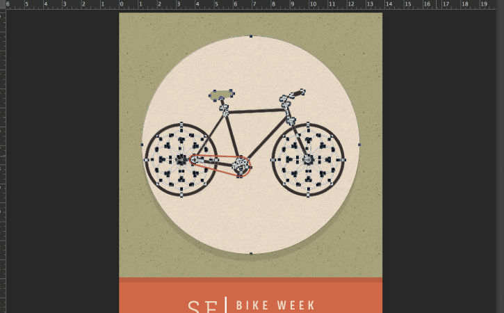 Shapes on different layers of the bicycle are selected and aligned to the center of the canvas