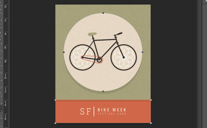 Bike Week poster features bicycle in beige circle on sage green background with orange rectangle at bottom.