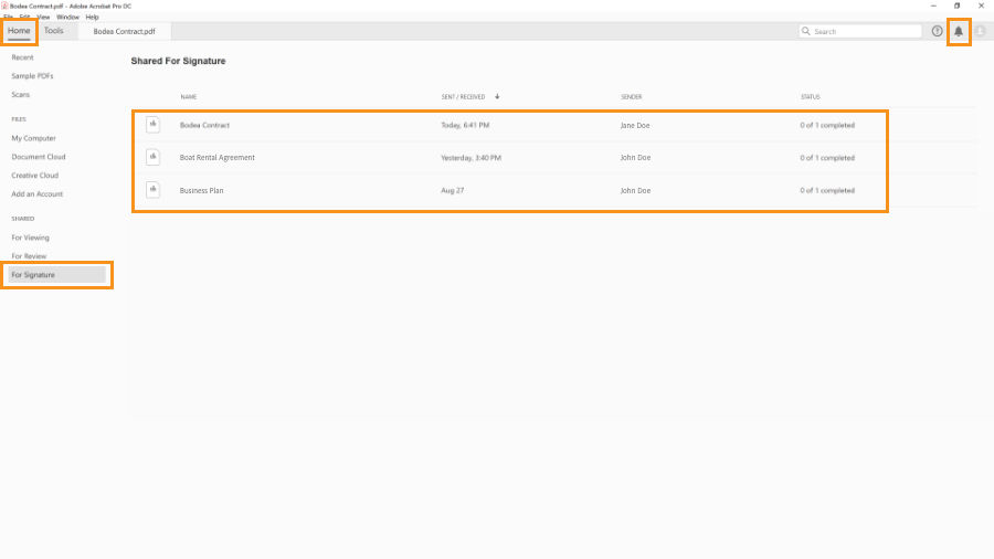 A list of documents sent for signatures appears under the Home > For Signature menu.