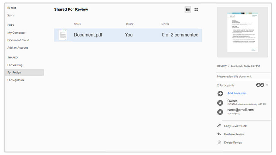 Shared For Review interface shows a document, who the sender is, and the current status of the document. Other items show recipient and thumbnail of the document sent