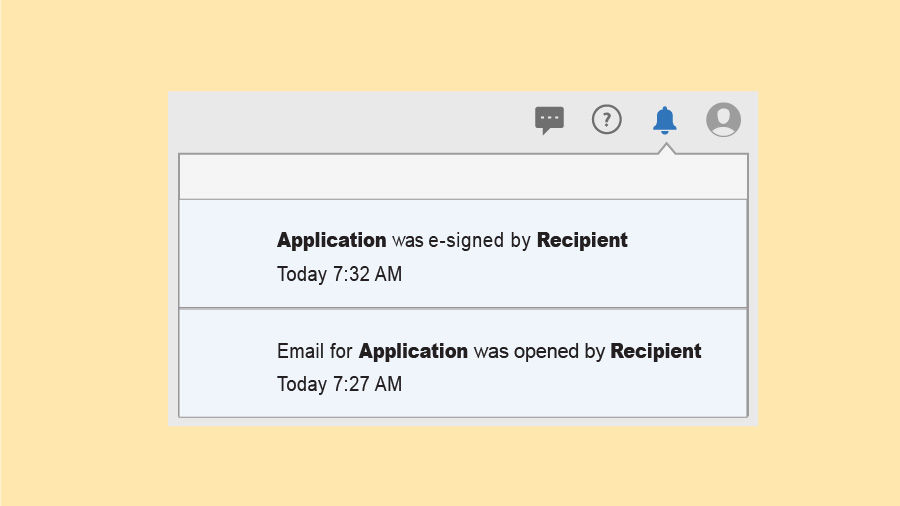 Notifications window showing two notifications that the sample document Application was opened by recipient today at 7:27 AM and e-signed by recipient today at 7:32 AM