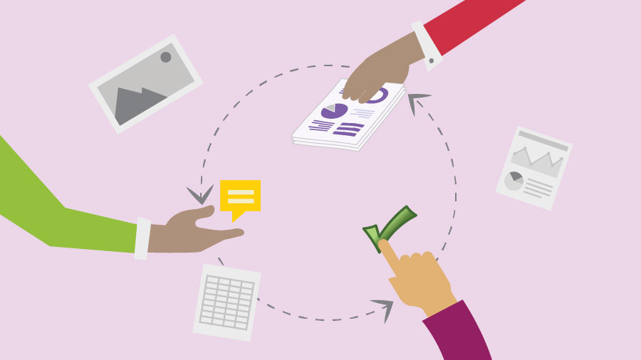 Illustration of 3 team member's hands depicting team collaboration