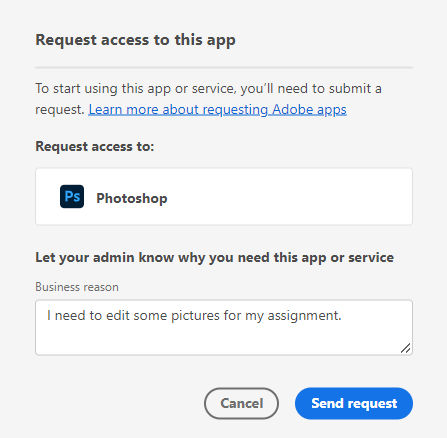 Request access to this app dialog box that appears if you are not eligible for auto-approval