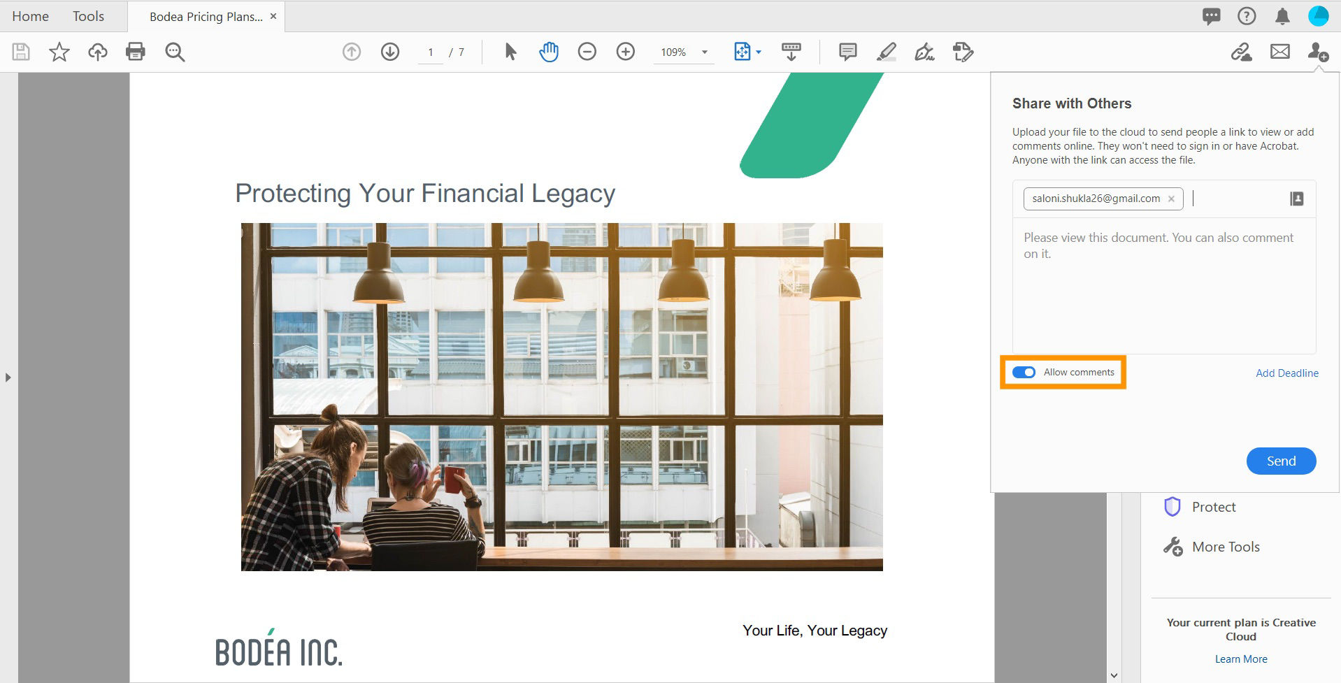 The Share with Others window with the Allow comments option enabled, as it is by default.