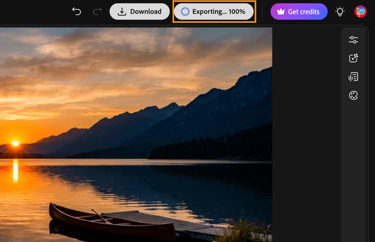 Firefly video editor displays the action bar at the top, with the exporting indicator highlighted.
