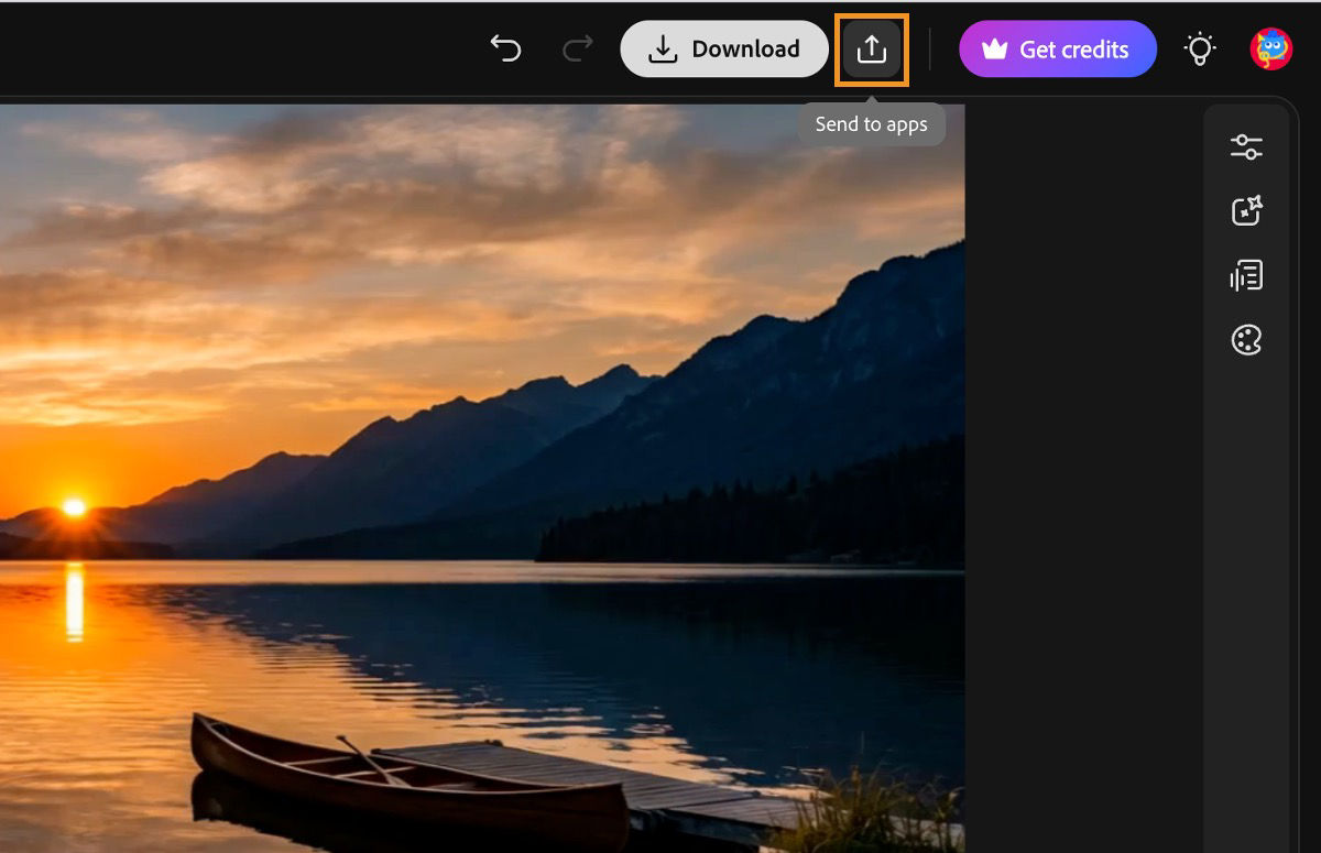 Firefly video editor displays the action bar at the top, with the Send to Apps icon highlighted.