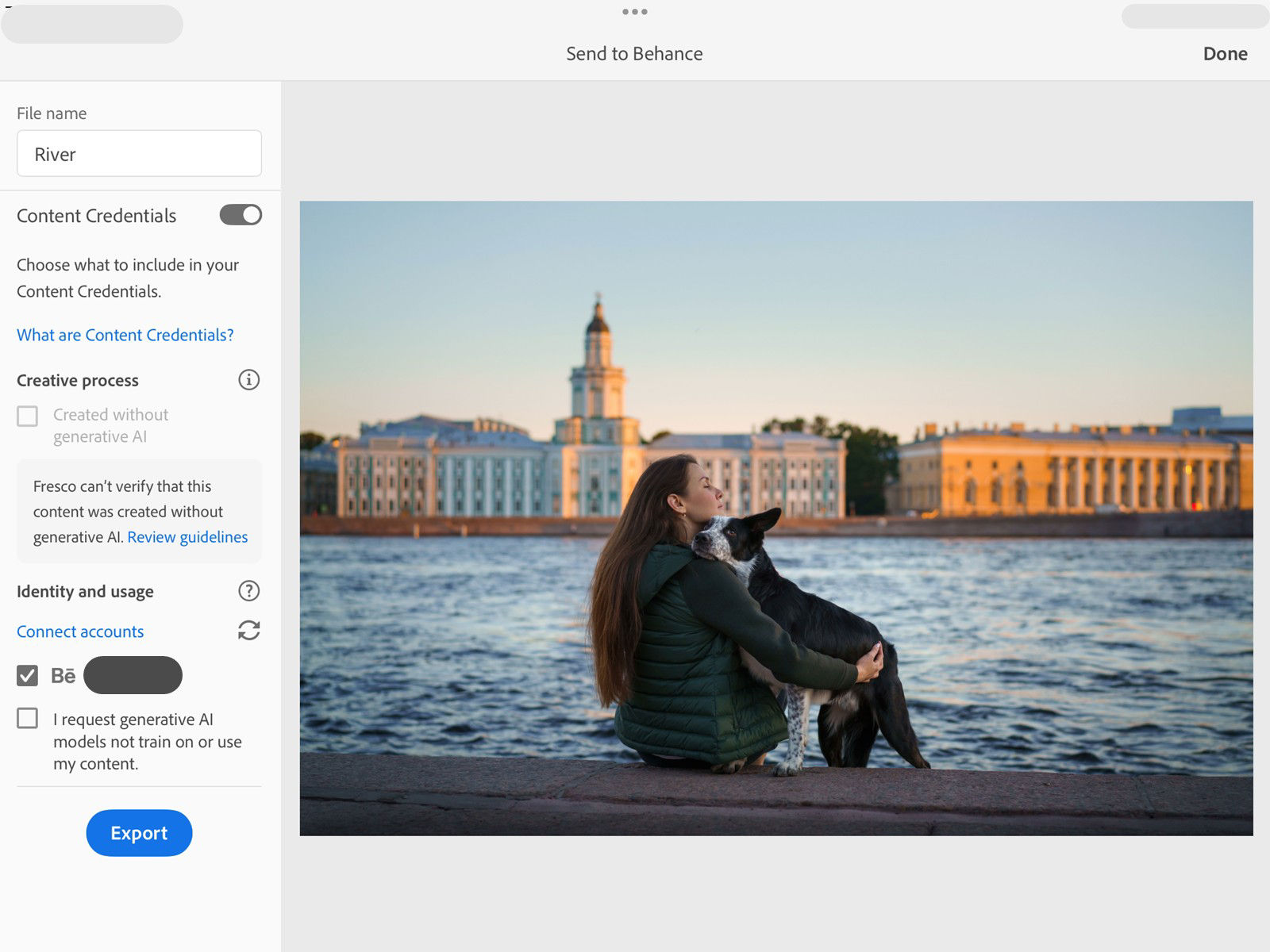 Behance export workflow displaying publishing settings and Content Credentials options before export.