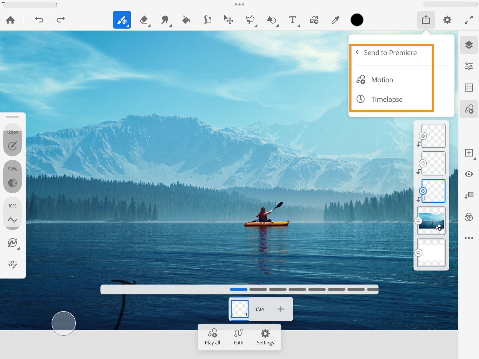 Send to Premiere menu with Motion and Timelapse options for exporting Fresco artwork to Premiere.