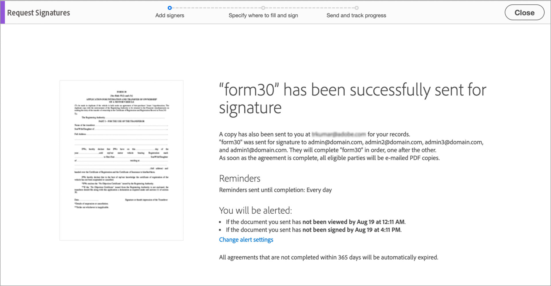 Sent for signature confirmation