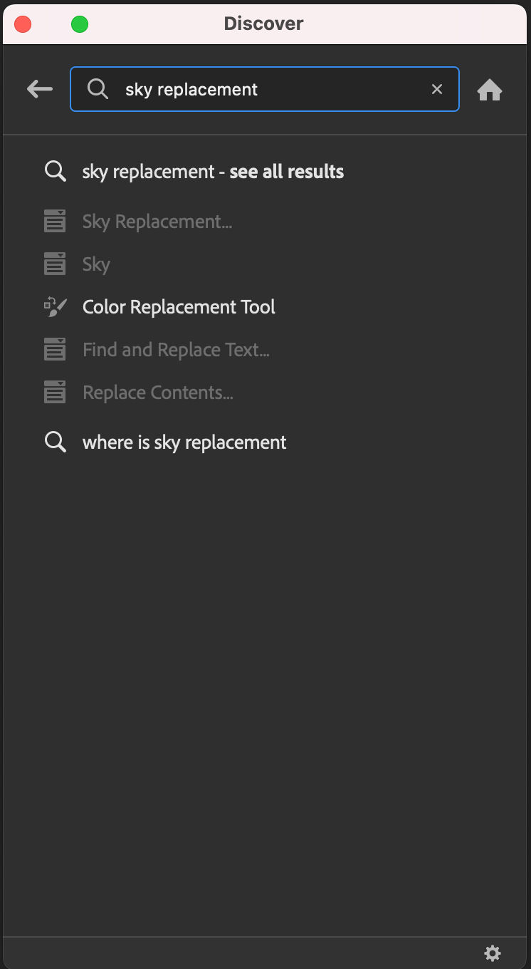Photoshop discover panel productivity optimized quick search