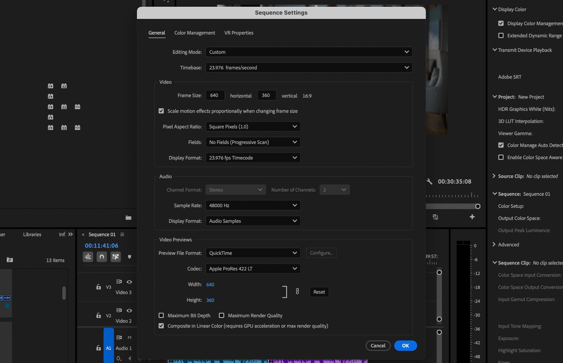The Sequence Settings dialog box in Adobe Premiere Pro shows editable options like Editing Mode, Timebase, Frame Size, Pixel Aspect Ratio, and Video Previews.
