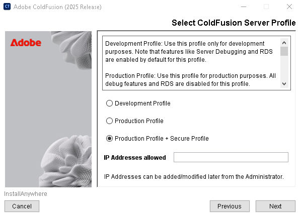 ColdFusion server profiles