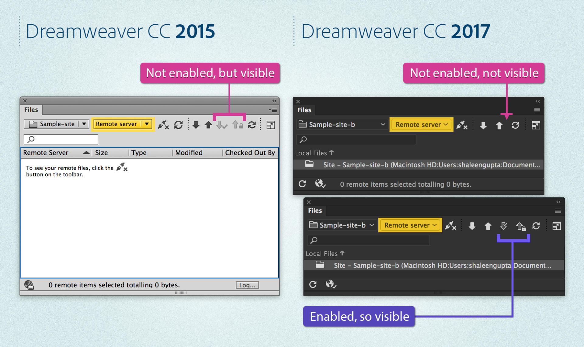 Differences in the Files panel between Dreamweaver 2015 and Dreamweaver 2017 when a server is defined and when check-out is enabled or disabled