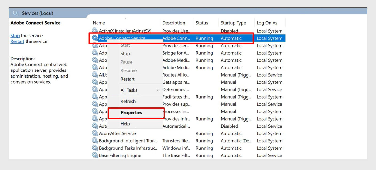 Connect service properties option