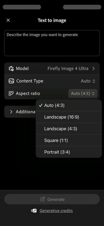  Text to image screen displays an open Aspect ratio dropdown menu with several choices and the Auto option selected.