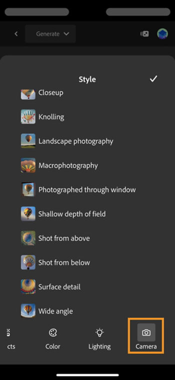 The Camera angle section shows camera styles like Close up and Knolling that guide the look and feel of your generated image.