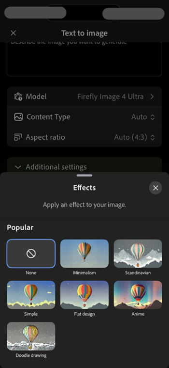 The Effects section shows different effects like Doodle drawing and Anime that guide the look and feel of your generated image.