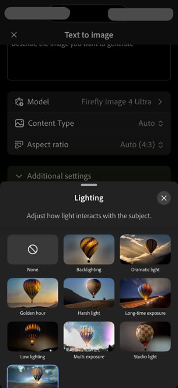 The Lighting section shows lighting styles like Golden hour and Low lighting that guide the look and feel of your generated image.