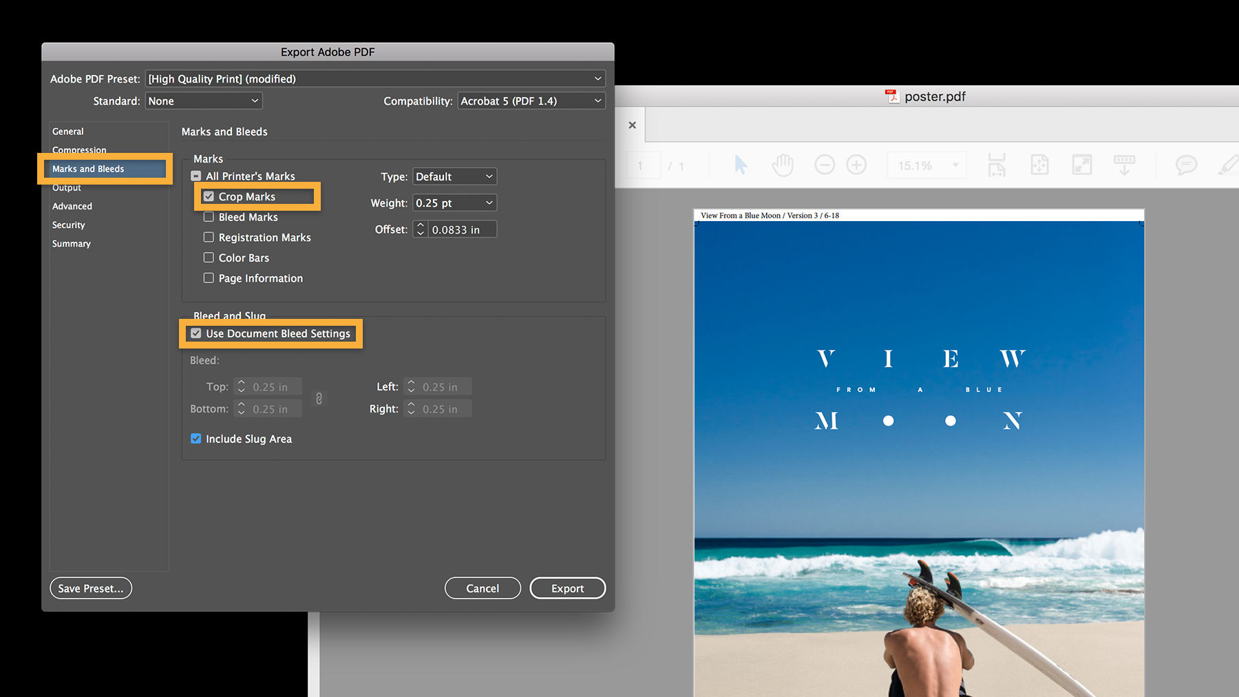 Bleed settings and crop lines can be retained when exporting the document to a PDF. 