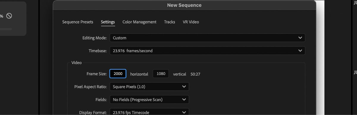 New Sequence settings panel is open, highlighting the Frame Size option set to 2000 horizontal and 1080 vertical pixels, with a 50.27 aspect ratio.
