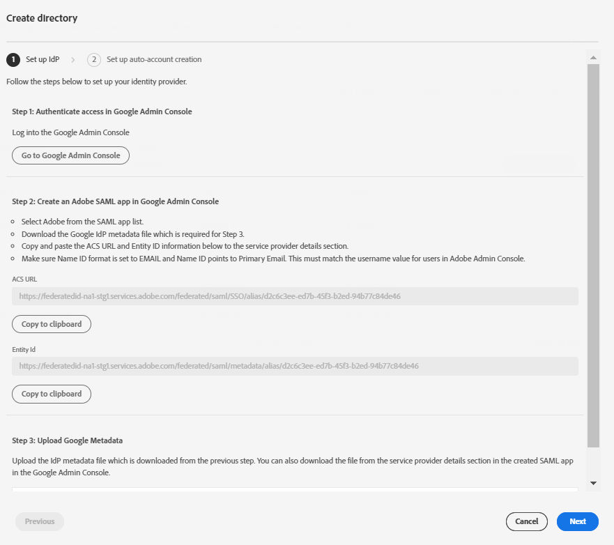 Instructions to create an Adobe SAML app in Google Admin Console
