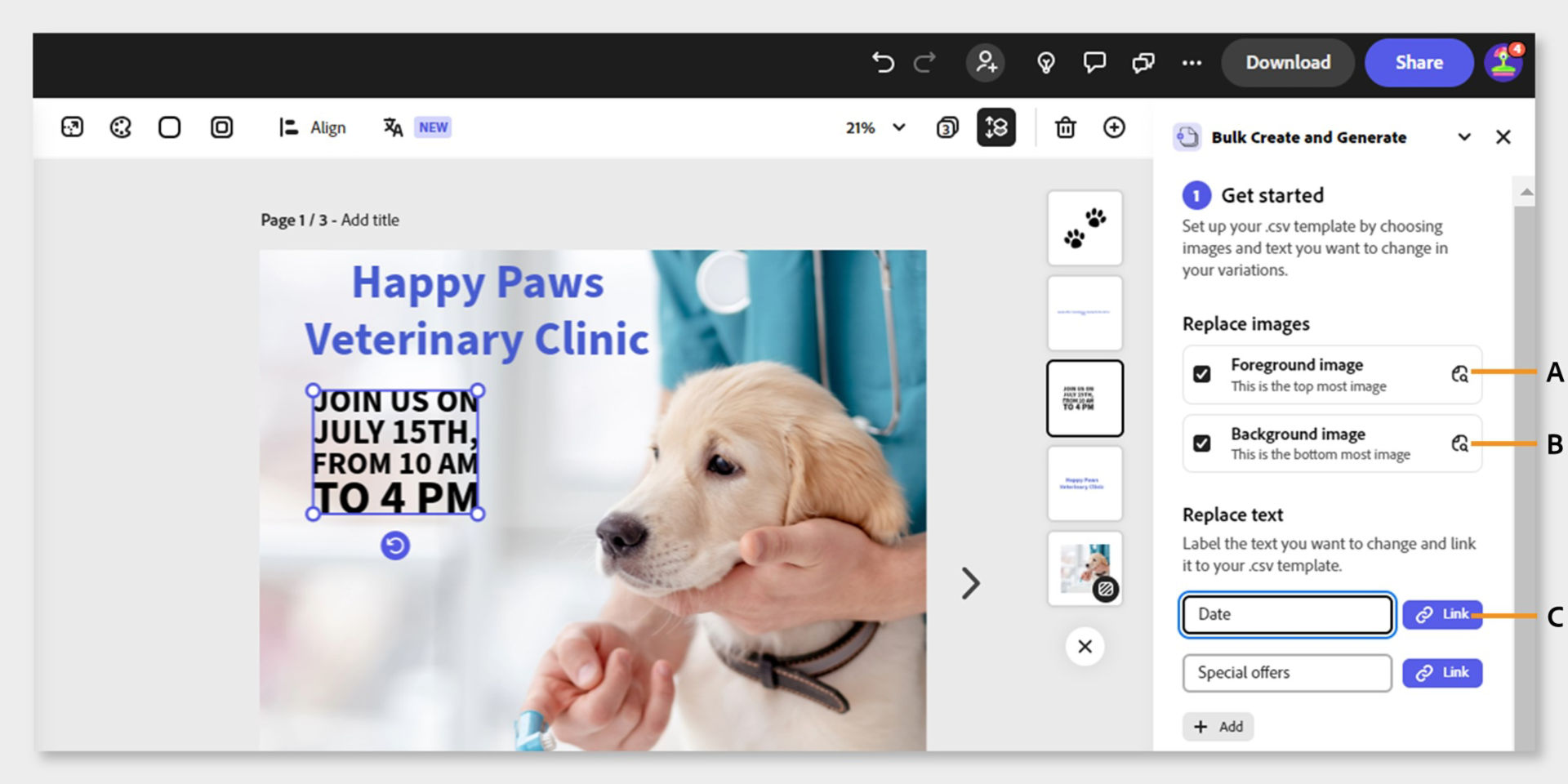 a design of a vet clinic open in the canvas with the image of a dog. The Bulk, Create, and Generate add-on is open in the right panel with the option to replace Foreground and Background image and Replace text