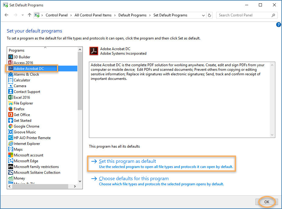 Set this program as default dialog box