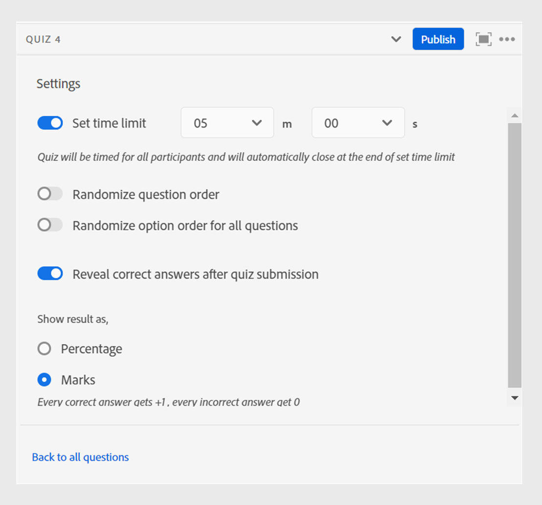 settings for quiz