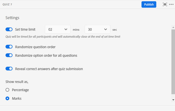 settings for quiz