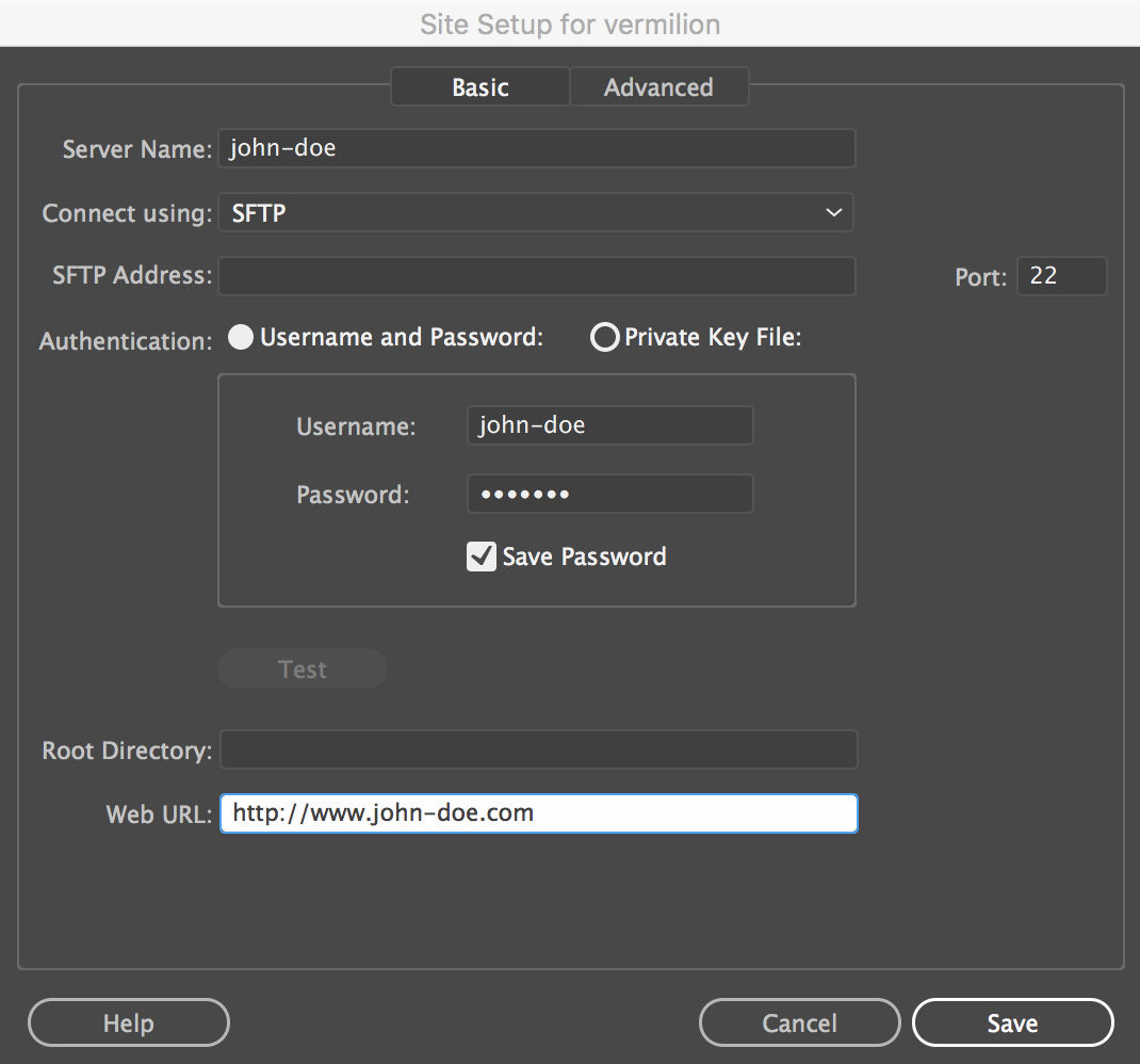 Site setup with SFTP connection